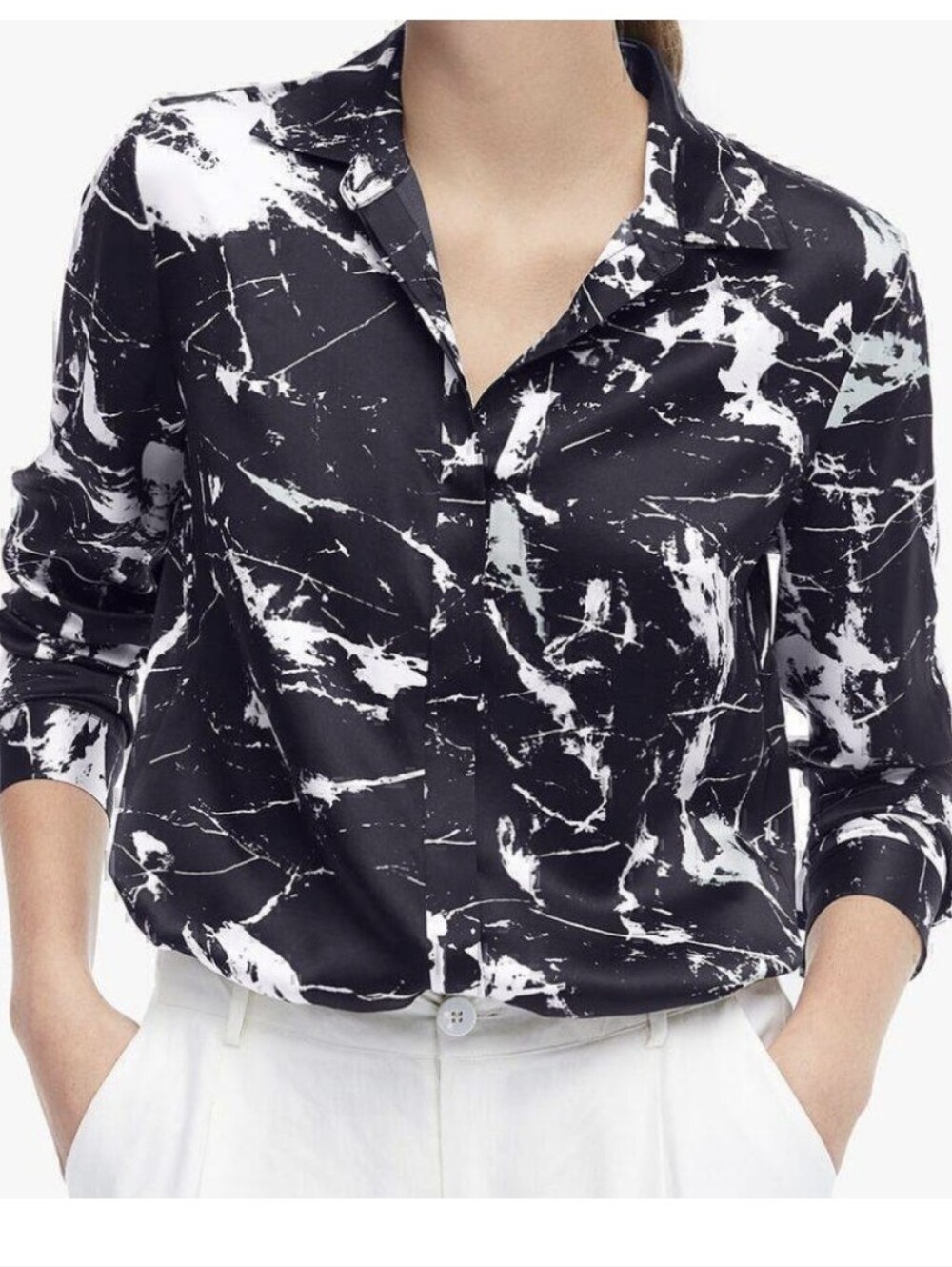 Lilysilk Black Marble-Print Mulberry Silk Blouse Size Small